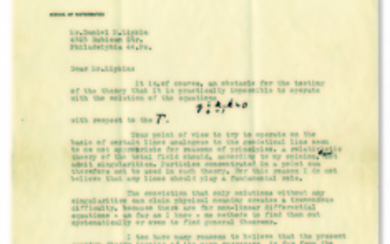 EINSTEIN, Albert (1879-1955). Typed letter signed (''A. Einstein'') to Daniel M. Lipkin, Princeton, 5 July 1952.