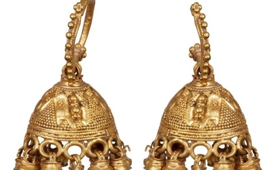 A pair of Etruscan bell-shaped gold earrings,...
