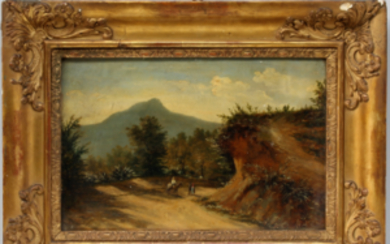 Firma indecifrata sec XIX "Paesaggio montano con viandanti" olio su cartoncino (cm 28x42) firmato in basso a sinistra, in cornice...