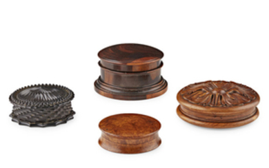 FOUR TURNED AND CARVED WOOD SNUFF BOXES 19TH CENTURY...