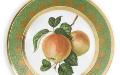 A Green-Ground Botanical Plate from the Golden or Armorial Service, Imperial Porcelain Manufactory, St Petersburg, circa 1827