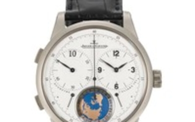 JAEGER-LECOULTRE | A WHITE GOLD DUAL TIME ZONE JUMP HOUR WRISTWATCH WITH DAY/NIGHT INDICATION, MAP OF THE WORLD, WORLD TIME AND POWER RESERVE INDICATION CASE 2741312 NO 11/100 DUOMÈTRE UNIQUE TRAVEL TIME CIRCA 2014