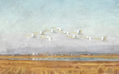 Johannes Larsen: Swans above Filsø. Signed with monogram and dated 33. Oil on canvas. 81 x 100 cm.