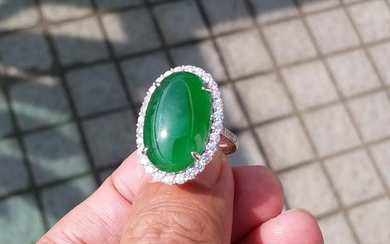 Large Natural Green Jadeite Jade Diamond Ring