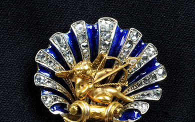 A late Victorian silver and gold, rose-cut diamond and enamel brooch.