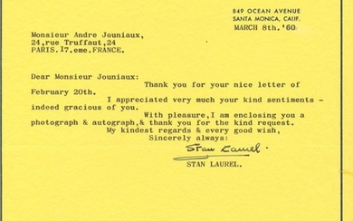 LAUREL STANLEY: (1890-1965) English Film Comedian. T.L.S., Stan Laurel, one page, 4to, Santa Monica,...