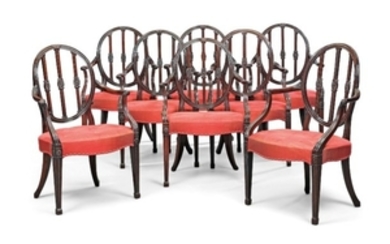 THE MOLLER DINING CHAIRS A SET OF EIGHT GEORGE III MAHOGANY OPEN ARMCHAIRS, CIRCA 1775, AFTER THE DESIGN BY JAMES WYATT