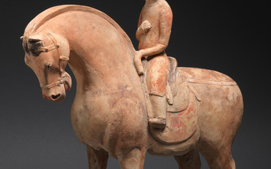 A painted pottery model of a horse and female entertainer