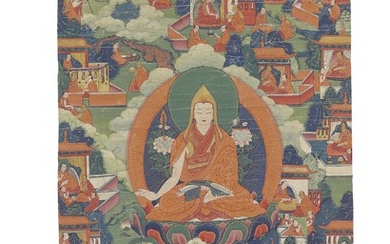 A PAINTING OF TSONGKHAPA AND CHAPTERS FROM HIS LIFE STORY, TIBET, 18TH CENTURY