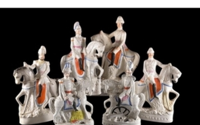Six Staffordshire pottery sparsely coloured and gilt equestrian models of royal or military figures