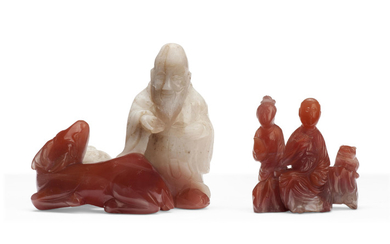 TWO CARNELIAN AGATE FIGURAL GROUPS, THE MAN, WOMAN AND CAT GROUP, 18TH CENTURY THE SHOULAO AND DEER GROUP, 18TH-19TH CENTURY