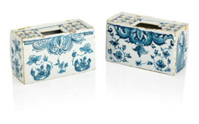 Two English Delft blue and white flower bricks