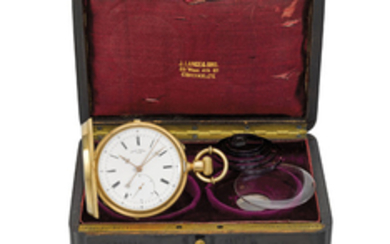 Ulysse Breting. A very fine 18K gold hunter case two-train keyless pocket chronometer with independent stoppable centre seconds and 1/6th second diablotine, pivoted detent escapement and gold wheel train, original certificate, box, spare crystal and...