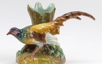 JEROME MASSIER MAJOLICA SPILL VASE Modeled as a pheasant on a naturalistic base. Incised signature on base. Height 8.25".
