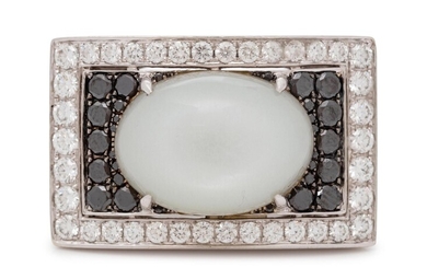An 18 Karat White Gold, Moonstone, Black Diamond, and Diamond Ring