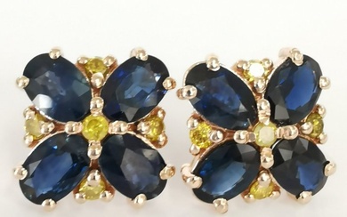 4.64 ct blue sapphire & 0.30 ct fancy vivid yellow diamonds designer earrings - 14 kt. Pink gold - Earrings - 4.64 ct Sapphire - Diamonds