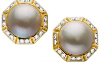 55343: Mabe Pearl, Diamond, Platinum, Gold Earrings St