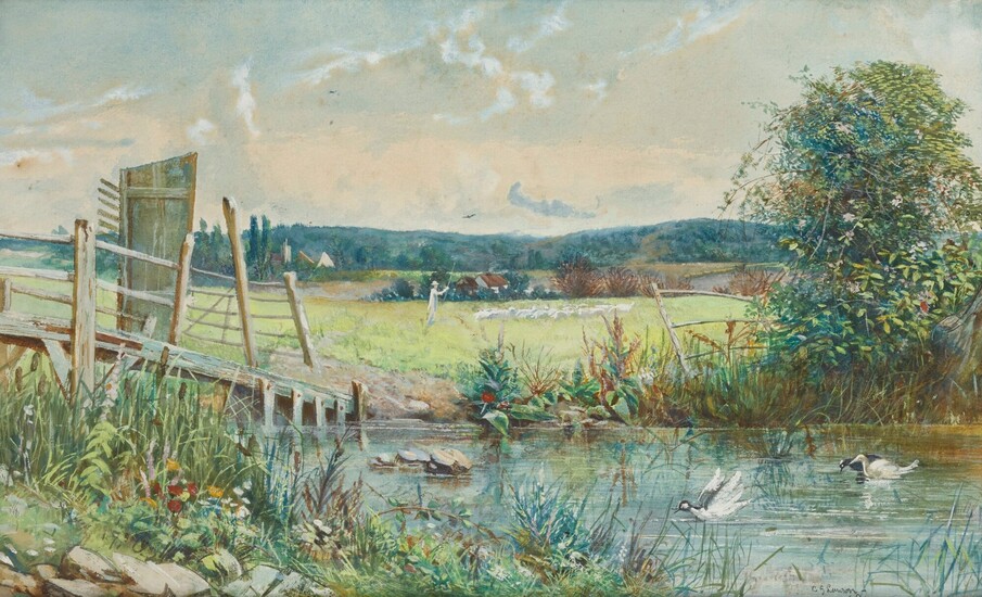 SHEPHERD AND HIS FLOCK, IN A RIVER MEADOW, Cecil Gordon Lawson
