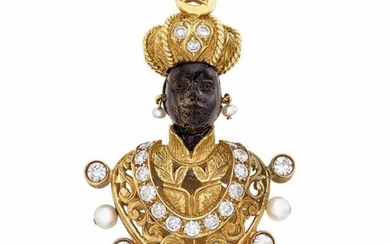 Gold, Diamond, Cultured Pearl and Garnet Blackamoor Clip-Brooch, Nardi
