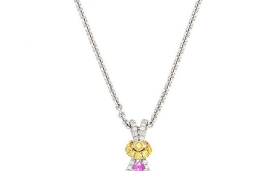 Two-Color Gold, Pink Topaz, Diamond and Yellow Diamond Pendant with Chain Necklace
