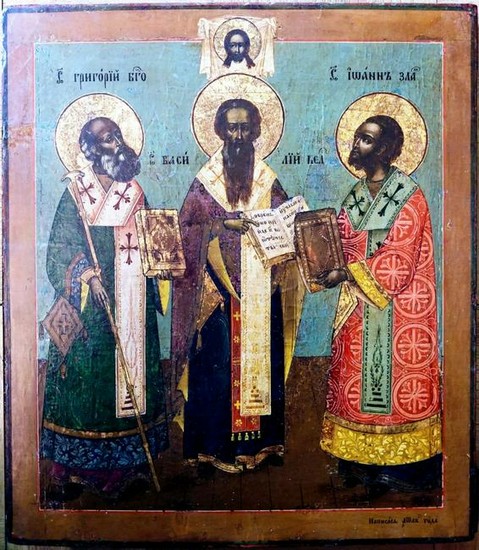 Antique Russian 19C Icon Of The Three Saints