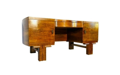 French Art Deco Desk made of walnut Wood Brass Handles