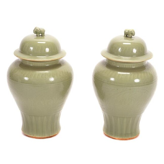 Pair of Celadon Glazed Jars and Covers