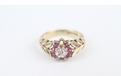 9ct gold vintage ruby & diamond cluster ring with foliate pa...