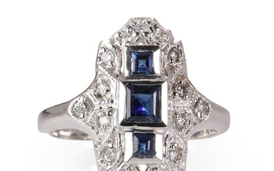A 14ct white gold Art Deco style sapphire and diamond ring