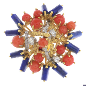 A 1970s 18ct gold, diamond, coral and lapis lazuli cocktail ring.