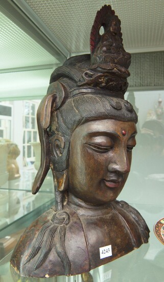 A 19TH CENTURY CHINESE CARVED WOODEN BUST OF A GODDESS H.44CM