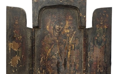 A 19TH CENTURY CONTINENTAL WOODEN TRIPTYCH ICON Hand painted...