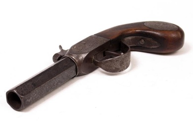 A 19TH CENTURY PERCUSSION CAP PISTOL With a fruitwood...