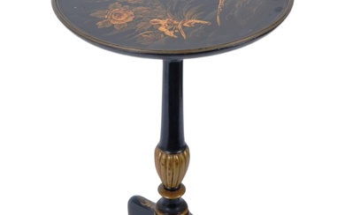 A 19th century black lacquered chinoiserie decorated pedestal wine table. Splayed leg base with turned column decorated in gilt acanthus leaf decoration and flash work. The circular gallery edges top with scenes of Asiatic pheasants, insects and fauna...