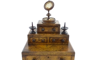A 19thC burr walnut tiered sewing box / casket, of stepped f...
