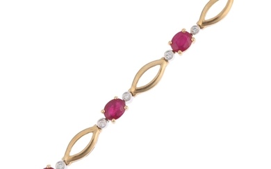 A 9ct gold ruby and diamond line bracelet, 18cm, 8.1g