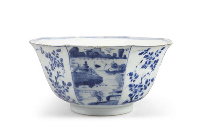 A BLUE AND WHITE ‘FLOWERS AND LANDSCAPE’ HEXAGONAL BOWL