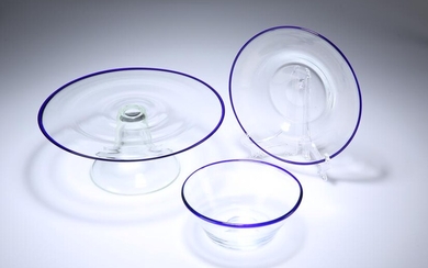 A BLUE-RIMMED GLASS BOWL AND UNDERPLATE, PROBABLY