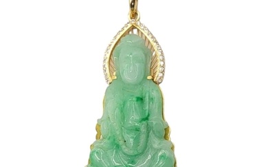 A CHINESE 18CT GOLD, DIAMOND AND JADE PENDANT Carved seated ...
