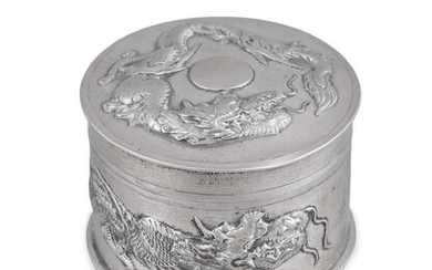 A CHINESE EXPORT SILVER ‘DRAGON’ ROUND BOX AND...