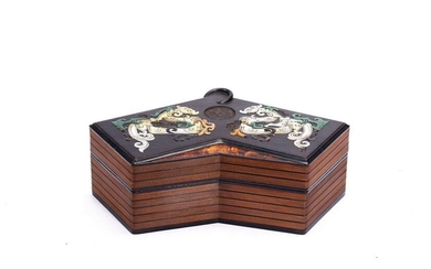 A CHINESE ZITAN INLAID CHIME-SHAPED BOX AND COVER