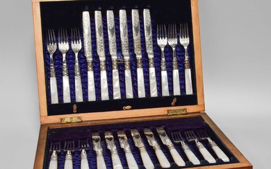 A Cased Set of Silver and Silver Plate Mounted Mother-of-Pearl...