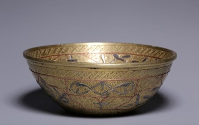 A Chinese Carved Bronze Bowl with Inlaid Silver