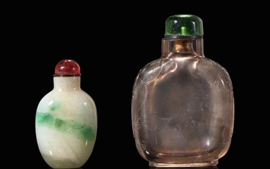 A Chinese carved smoky quartz snuff bottle and a jadeite snuff bottle 煙晶石