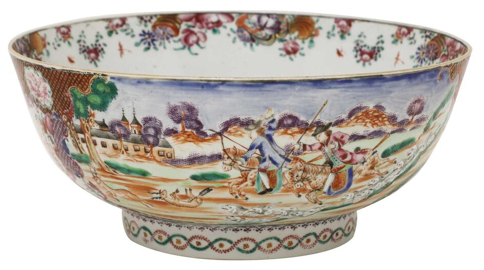 A Chinese export famille rose punch bowl