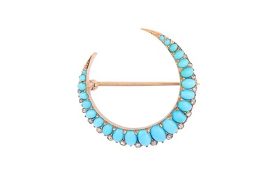 A DIAMOND AND TURQUOISE CRESCENT BROOCH