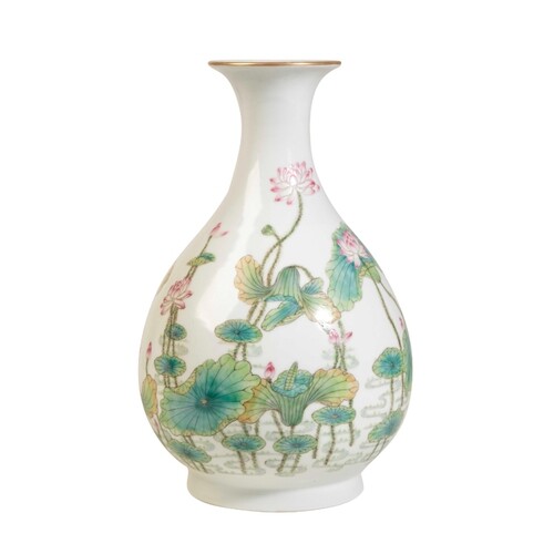 A FAMILLE ROSE 'LOTUS' VASE, of pear-shape form, the sides f...