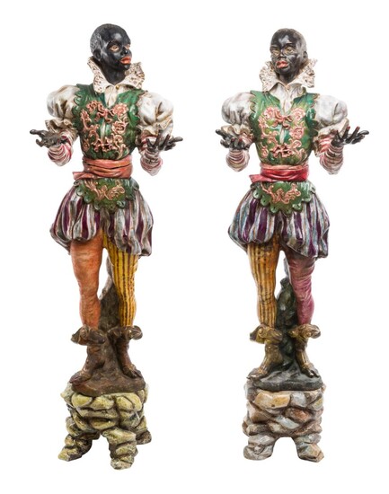 A FINE PAIR OF RARE VENETIAN POLYCHROME PAINTED AND GLAZED TERRACOTTA BLACKAMOOR FIGURES The Victoria Cascajo Collection