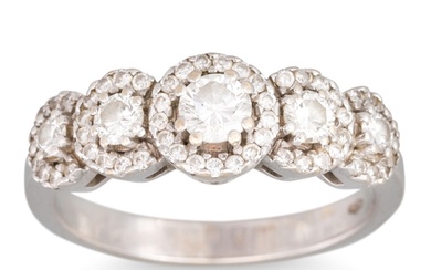 A FIVE STONE DIAMOND RING, the graduated halo set diamonds m...