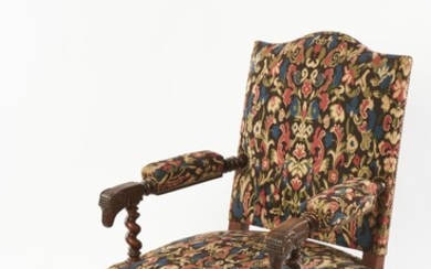 A FRENCH CARVED BARONIAL TAPESTRY FAUTEUIL WITH MATCHING FOOT STOOL MID 19TH CENTURY